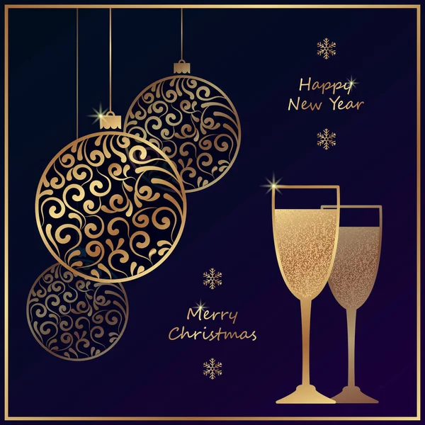 Feliz Año Nuevo Feliz Navidad Tarjeta Felicitación Con Bolas Oro — Vector de stock