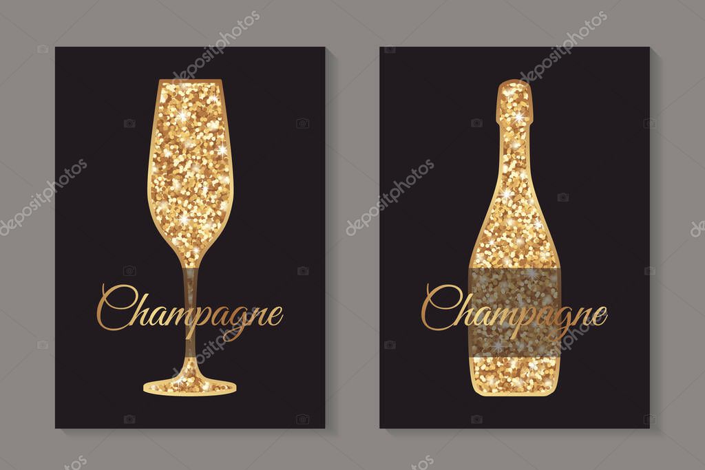 Modern abstract luxury card templates for champagne tasting invitation or bar and restaurant menu or banner or logo with  golden glitter glass and bottle on a black background.