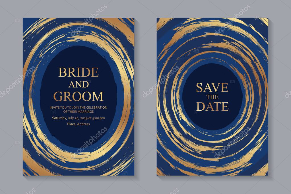 Set of modern grunge luxury wedding invitation design or card templates for business or poster or greeting with golden paint brush strokes on a navy blue background.