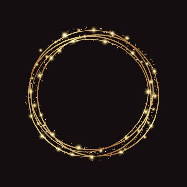 Siyah bir arka planda parıltılı ve parıltılı altın bir çerçeve..