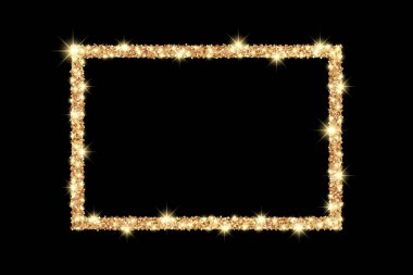 Siyah arka planda parıltılı ve parıltılı altın rengi dikdörtgen çerçeve.