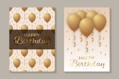 Doğum günü kutlaması için iki kart şablonu ya da beyaz arka planda altın balonlar ve konfetilerle karşılama.