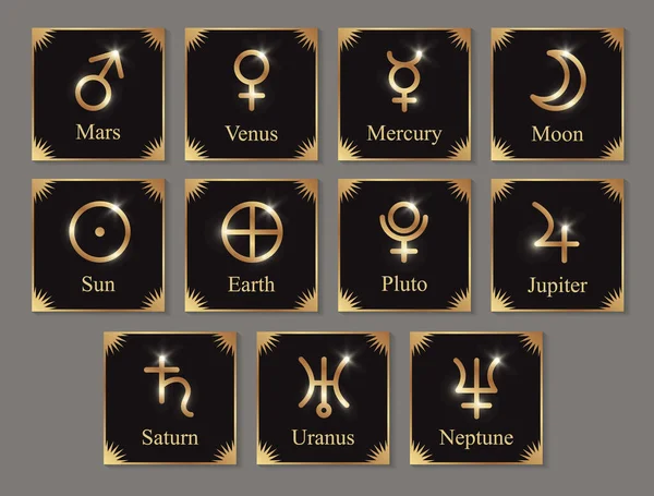 Golden Shiny Planets Signs Black Square Cards Astrology Horoscope — Stock Vector