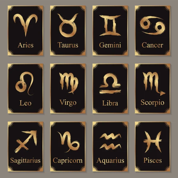 Set Golden Grunge Zodiac Signs Black Cards Astrology Horoscopes — Stock Vector