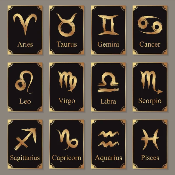 Jogo Signos Zodiacais Grunge Dourados Uns Cartões Pretos Astrologia Horóscopos —  Vetores de Stock