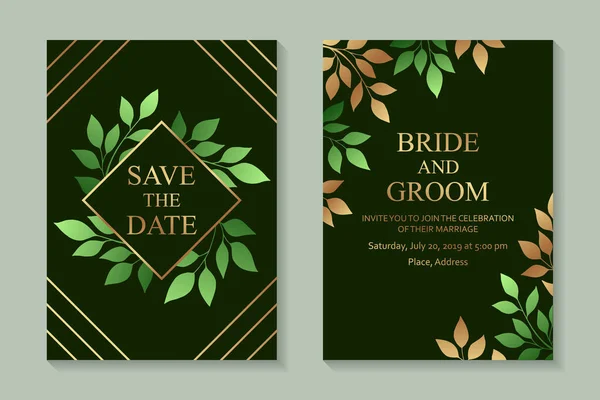 Цветочный Дизайн Приглашения Свадьбу Шаблоны Поздравительных Открыток Золотым Текстом Листьями — стоковый вектор