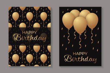 Doğum günü kutlaması için iki kart şablonu ya da siyah arka planda altın balonlar ve konfetilerle karşılama.