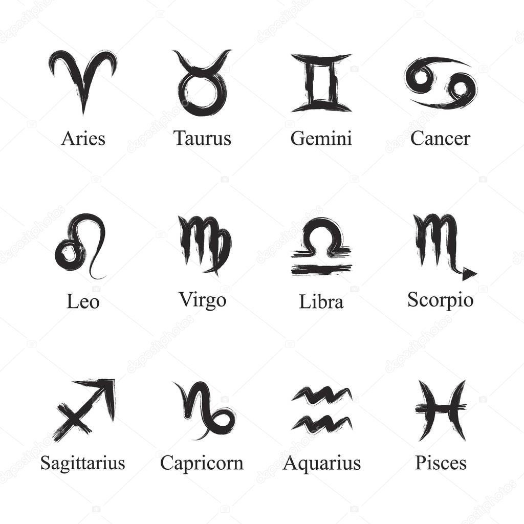 Set of zodiac signs in grunge style for astrology or horoscope.