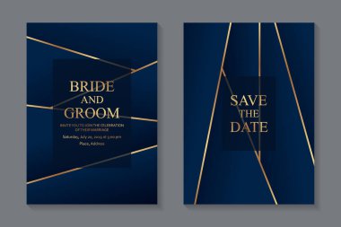 Geometrik düğün davetiyesi tasarımı veya koyu mavi arkaplan üzerinde altın çizgileri olan tebrik kartı şablonları.