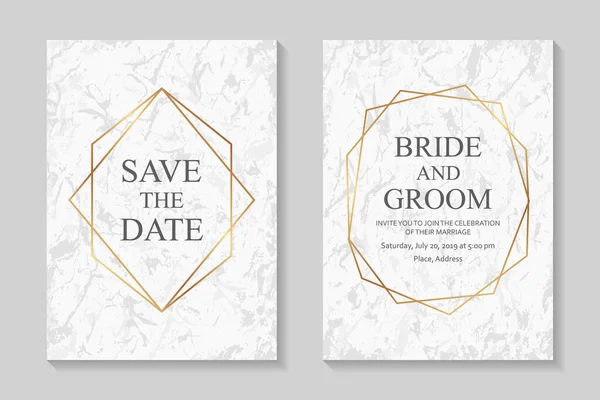 明るい灰色の大理石の背景に金色のフレームと結婚式の招待状のデザインやグリーティングカードテンプレート — ストックベクタ