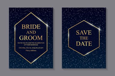 Düğün davetiyesi tasarımı ya da tebrik kartı şablonları. Altıgen parlak çerçeveler ve lacivert arka planda yıldızlar..