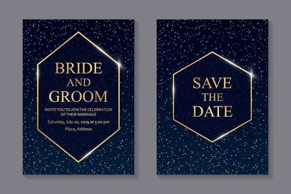 Design Von Hochzeitseinladungen Oder Grußkarten Vorlagen Mit Goldenen Sechseckigen Glänzenden — Stockvektor