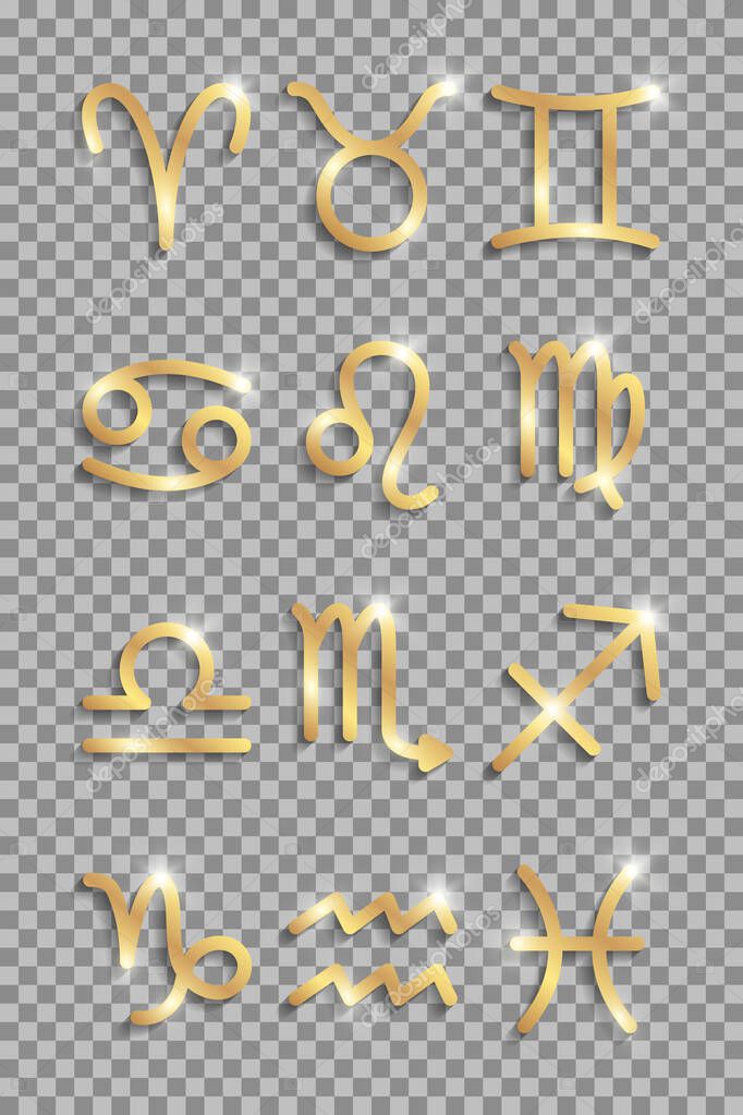 Set of golden shiny zodiac signs for astrology or horoscopes isolated on a transparent background.