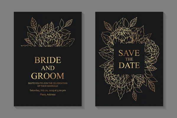 金色の牡丹と黒の背景に葉を持つ花の結婚式の招待状のデザインやグリーティングカードテンプレート — ストックベクタ