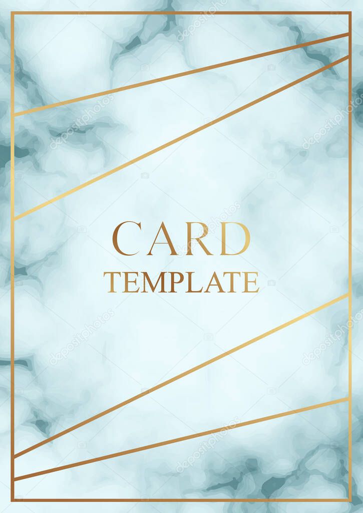 Modern geometric luxury card template for business or presentation or greeting with golden lines on a blue marble background.
