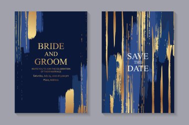 Modern lüks düğün davetiyesi dizaynı ya da sunum için kart şablonları ya da donanma arka planında grunge ve mavi altın fırça darbeleriyle karşılama.