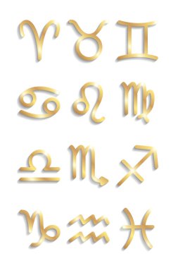 Beyaz bir arka planda gölgeli, parlak parlak burçlar..