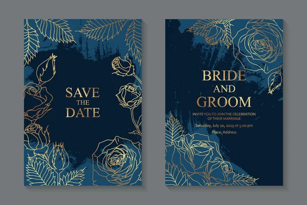 豪華な花の結婚式の招待状のセットまたは金色のバラとペイントブラシストロークとネイビーブルーの背景に葉のグリーティングカードテンプレート — ストックベクタ