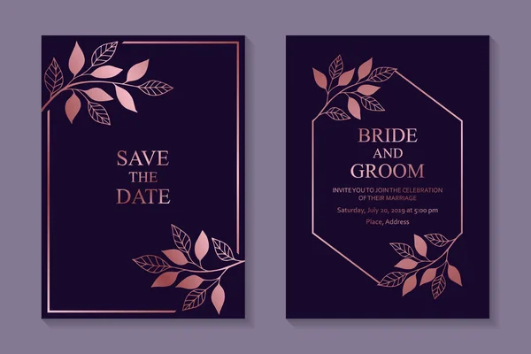 Design Convite Casamento Floral Modelos Cartão Saudação Com Ramos Ouro — Vetor de Stock