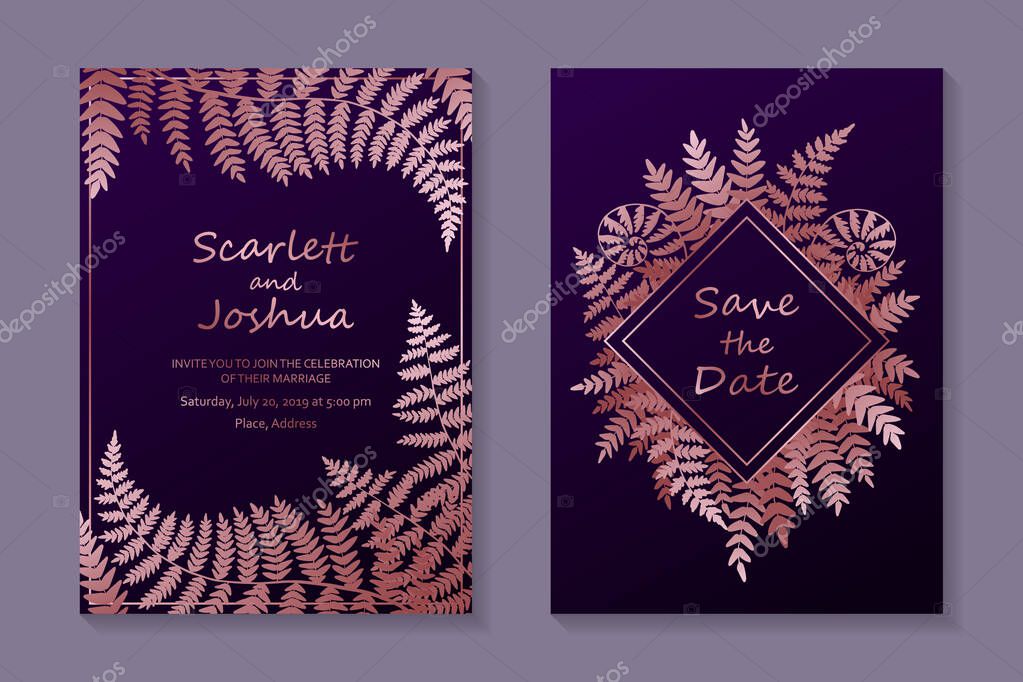 Floral wedding invitation design or greeting card templates with rose gold fern leaves on a purple background.