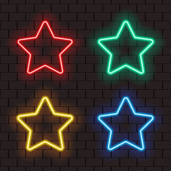 Яркие Неоновые Звездные Рамки Баннера Знака Изолированы Темной Кирпичной Стене — стоковый вектор