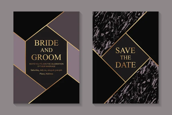 大理石の質感の暗い背景に金色の線でエレガントな幾何学的な結婚式の招待状のデザインやグリーティングカードテンプレート — ストックベクタ