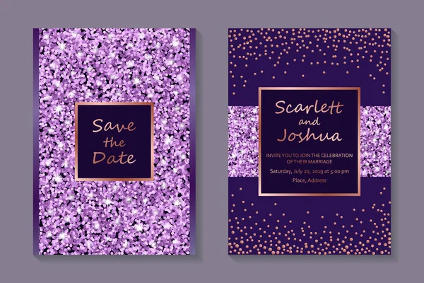 Дизайн Свадебных Приглашений Шаблоны Поздравительных Открыток Блестящими Фиолетовыми Блестками Конфетти — стоковый вектор