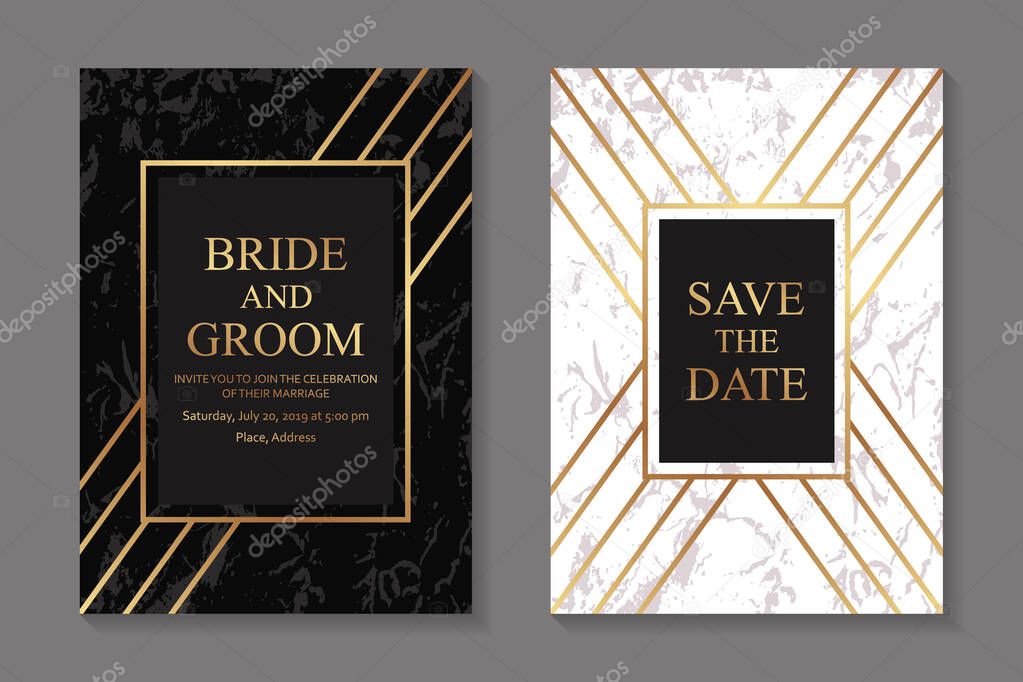 Modern geometric luxury wedding invitation design or card templates for business or presentation or greeting with golden lines on a black and white marble background.