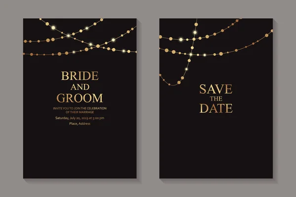 Modern geometric luxury wedding invitation design or card templates for business or presentation or greeting with golden shiny decoration or garland or beads on a black background.