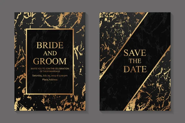 Wedding invitation design or greeting card templates with golden marble texture on a black background.