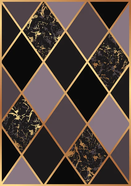 Modern geometric luxury card template for business or presentation with golden lines and black, pink, marble rhombuses. Abstract background.