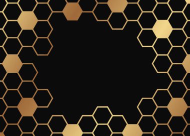 İş dünyası veya sunum için modern geometrik lüks kart şablonu veya siyah arkaplan üzerinde altın bal petekleri ile selamlama.