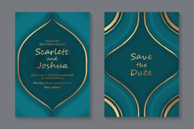 Set of modern luxury wedding invitation design or card templates for business or poster or greeting with golden streaks on a turquoise liquid marble background.