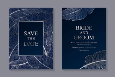 Set of wedding invitation design or greeting card templates with silver feathers on a navy blue background.