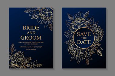 Çiçekli düğün davetiyesi tasarımı ya da lacivert arka planda altın şakayıklı tebrik kartı şablonları.