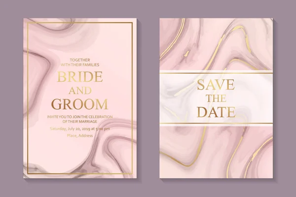 桃のピンクの液体大理石の背景に黄金の波とビジネスやプレゼンテーションや挨拶のための抽象的な現代の豪華な結婚式の招待状のデザインやカードテンプレートのセット — ストックベクタ