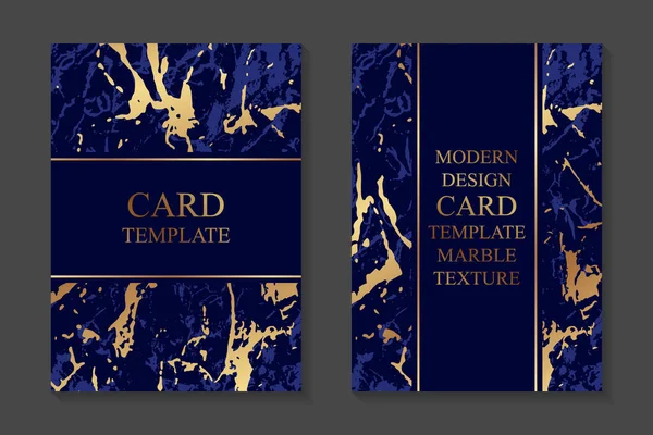 Modern card template with trendy golden marble texture on a navy blue background.