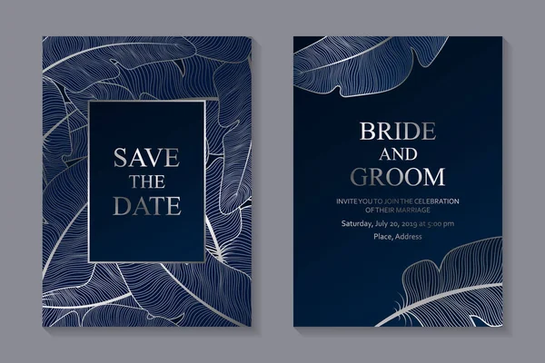 Set Wedding Invitation Design Greeting Card Templates Silver Feathers Navy — Wektor stockowy