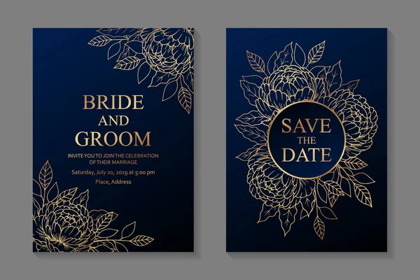 Wzór Kwiatowych Zaproszeń Ślubnych Lub Kartki Okolicznościowe Złotymi Piwoniami Granatowym — Wektor stockowy