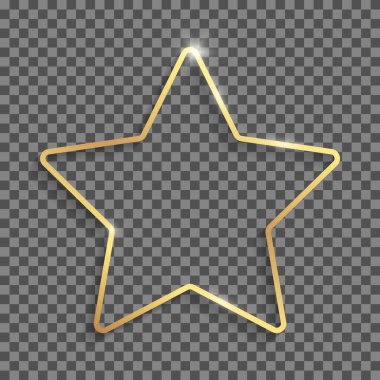 Şeffaf bir arkaplanda izole edilmiş gölgeli ve röfleli yıldız şeklinde altın çerçeve.