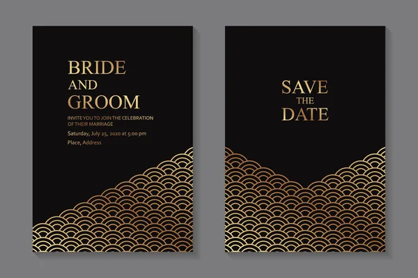 黒の背景に金色の円やスケールで豪華な東洋の結婚式の招待状のデザインやグリーティングカードテンプレートのセット — ストックベクタ
