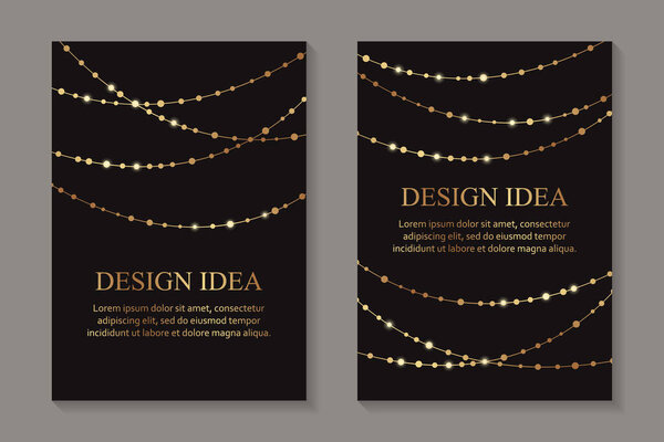 Modern geometric luxury wedding invitation design or card templates for birthday greeting or certificate or poster with golden shiny garlands or beads on a black background.