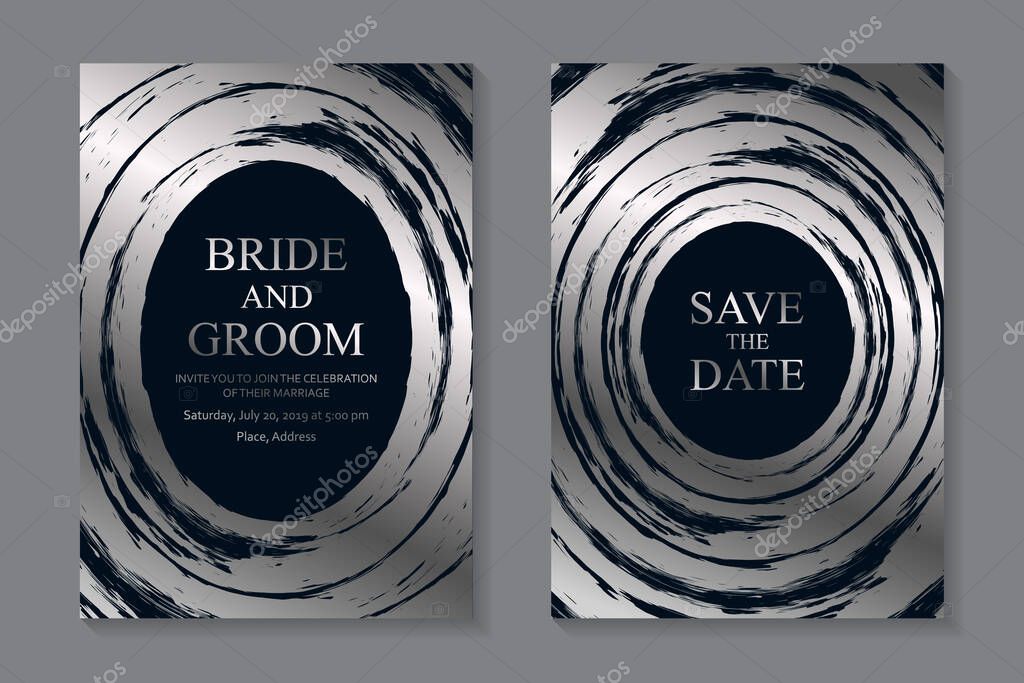 Set of modern grunge luxury wedding invitation design or card templates for business or poster or greeting with silver paint brush strokes on a navy blue background.