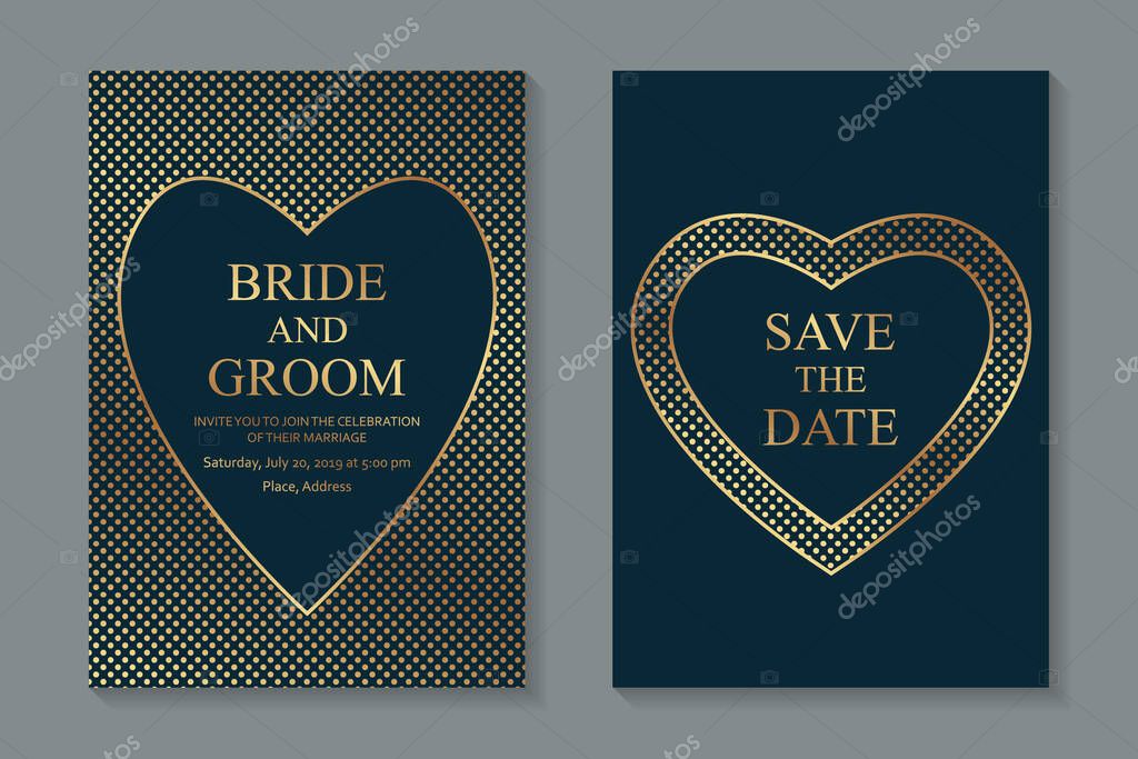 Set of modern geometric luxury wedding invitation design or card templates for business or presentation or greeting with golden hearts and halftone on a turquoise background.