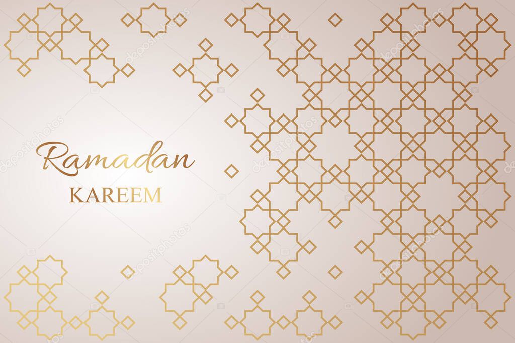 Greeting card for ramadan with golden arabic traditional ornament on a beige background.