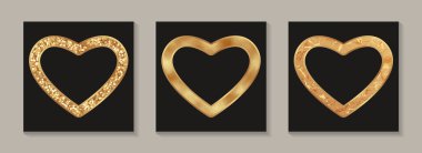 Siyah bir arkaplanda Sevgililer Günü için altın parıldayan kalp çerçeveleri..
