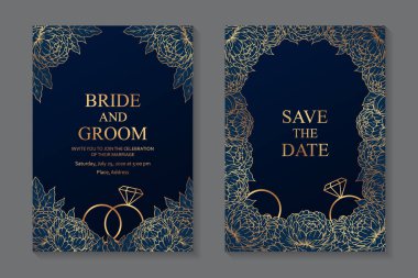Lüks düğün davetiyesi dizaynı ya da lacivert arka planda altın şakayık ve yüzüklü tebrik kartı şablonları..