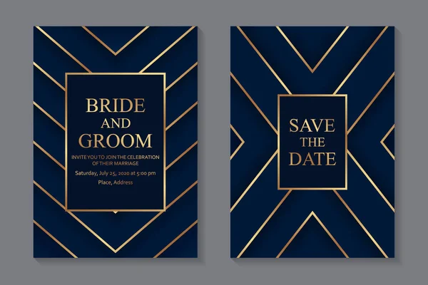 ビジネスやプレゼンテーションのための近代的な幾何学的な豪華な結婚式の招待状のデザインやカードテンプレートのセットやネイビーブルーの背景に金色の線で挨拶 — ストックベクタ