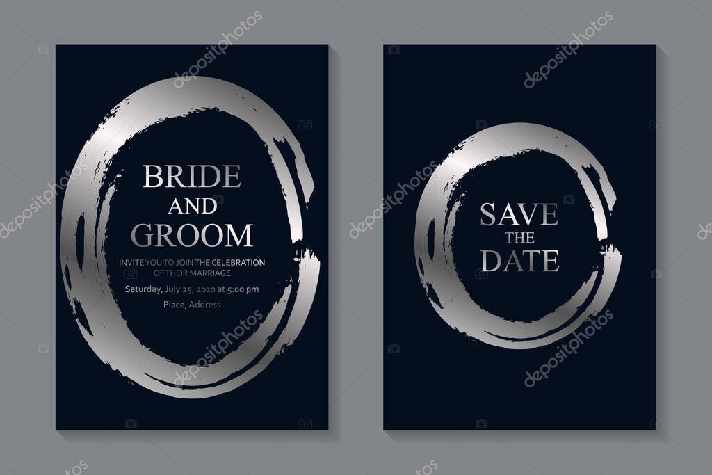 Set of modern geometric luxury wedding invitation design or card templates for business or presentation or greeting with silver grunge paint brush circles on a navy blue background.