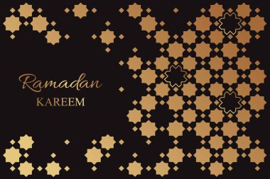 Ramazan Kareem tebrik kartı ve siyah arkaplanda geleneksel altın Arap süsü..